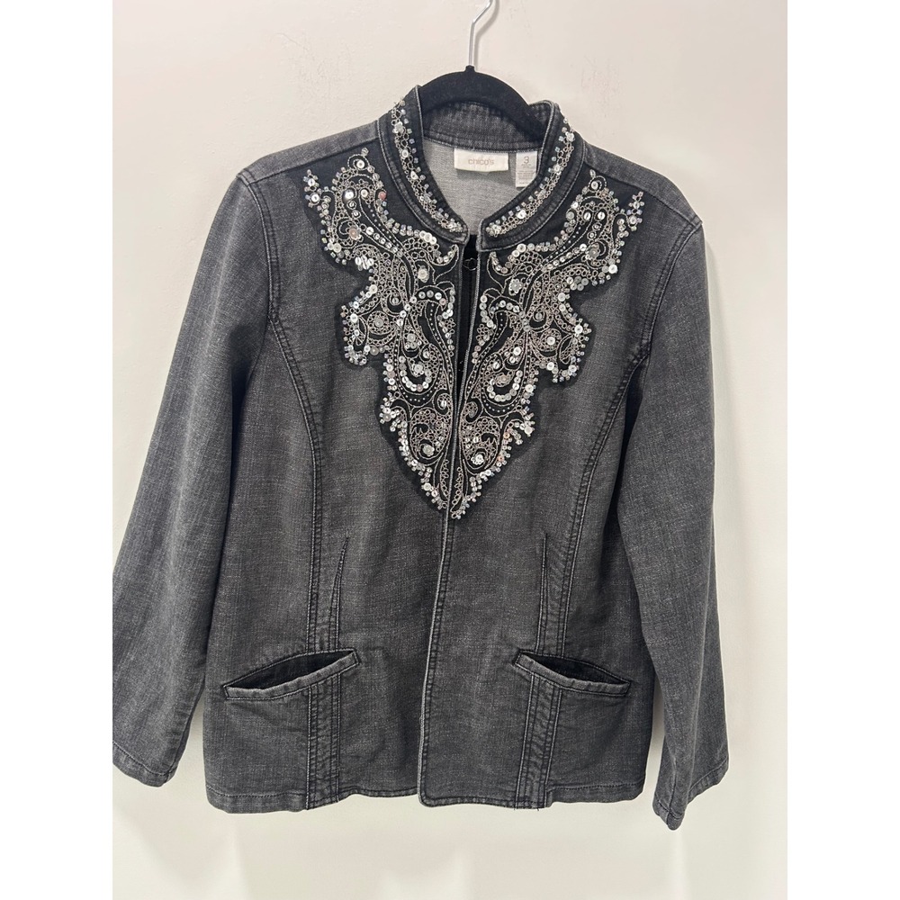 Chico's Grey Denim Embellished Sequin Embroidery Jacket Size 3 XL